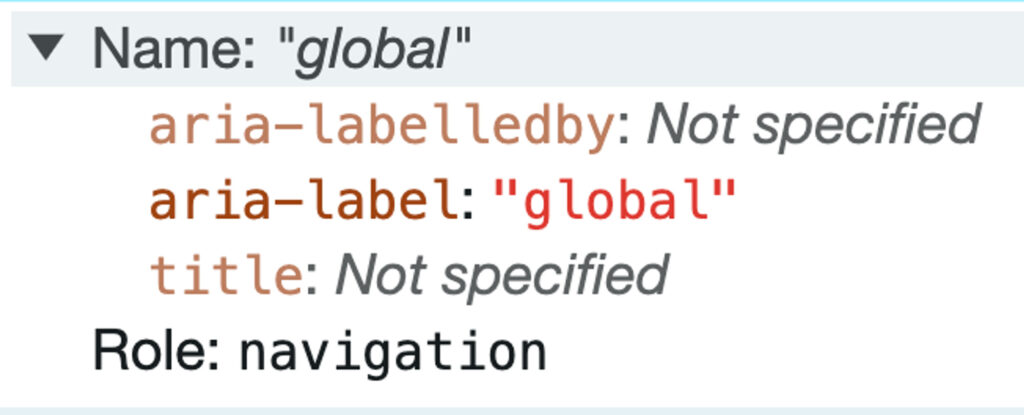 Nameプロパティにaria-labelに記載された"global"が設定されている。