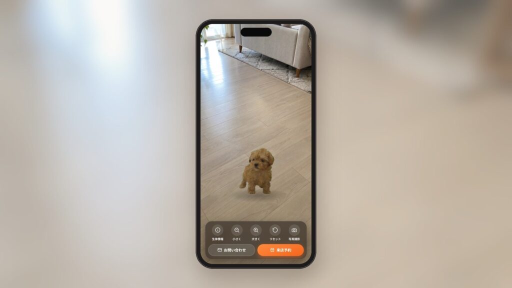 スマートフォンの画面越しに、お部屋の床に仔犬があらわれている様子
